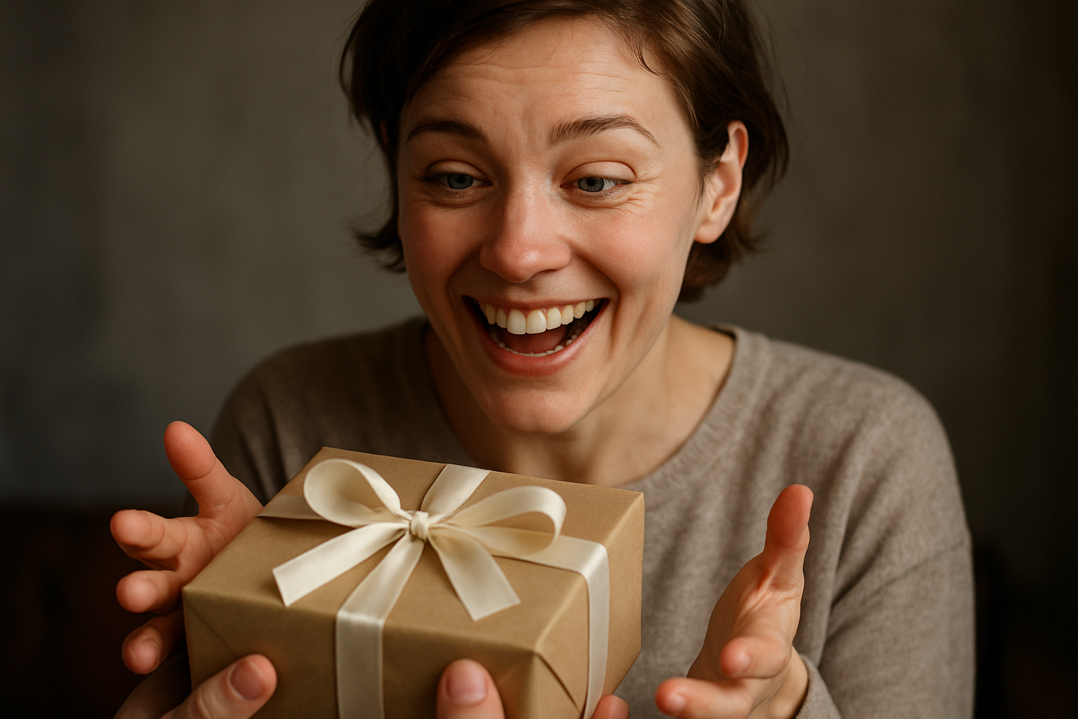 Helle Person die ein Geschenk annimmt, so realisitisch wie möglich & sehr hohe Auflösung 
